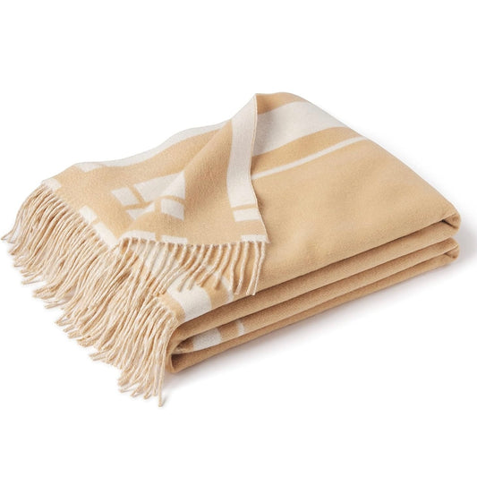 Reversible Cashmere Throw Blanket with Fringes