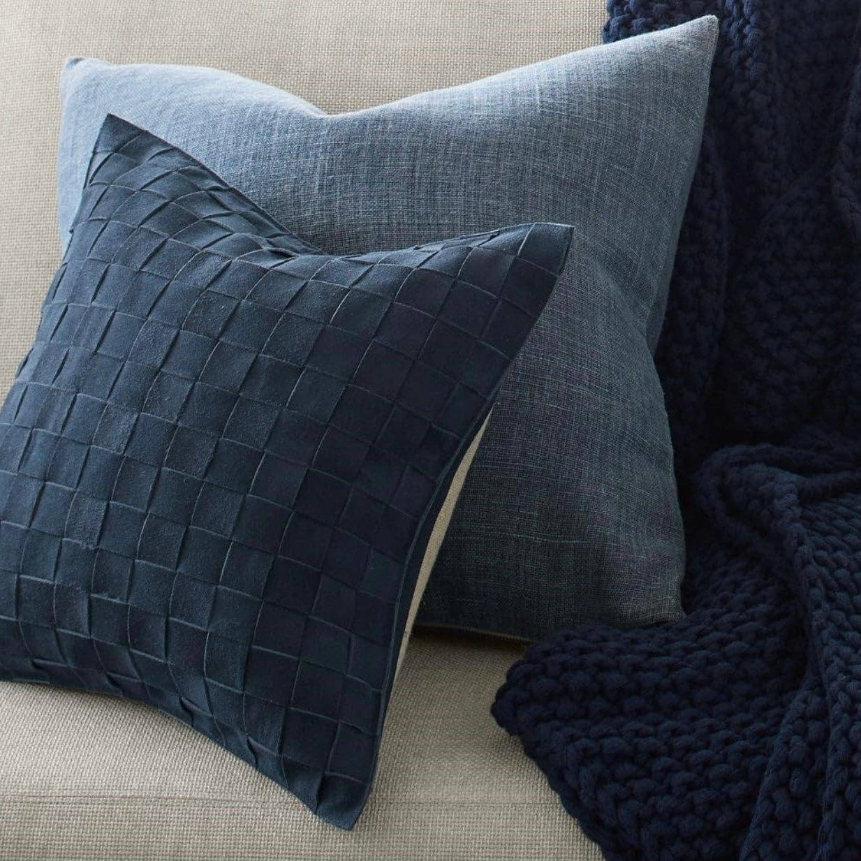 Genuine Lamb Leather Cushion Pillow Cover - Navy